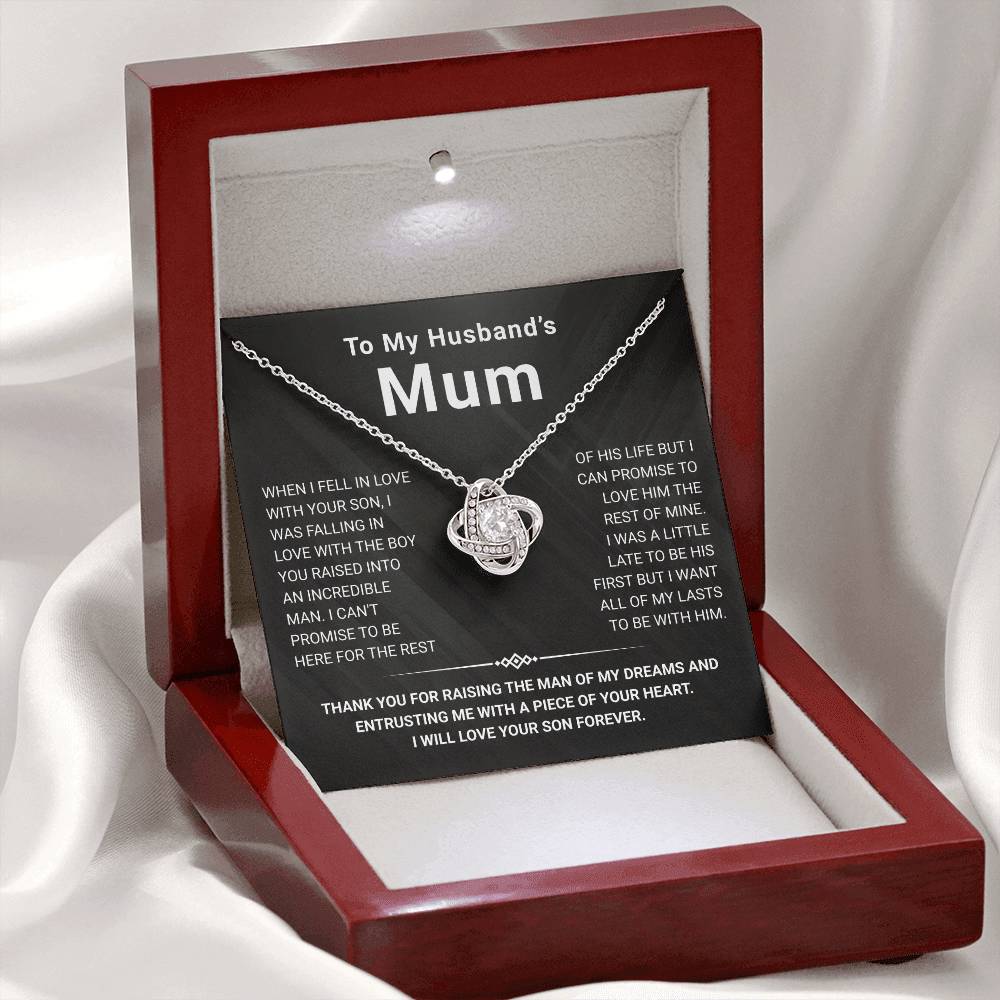 Love Knot Necklace in a gift box for husband's mum with heartfelt message card and premium cubic zirconia pendant.