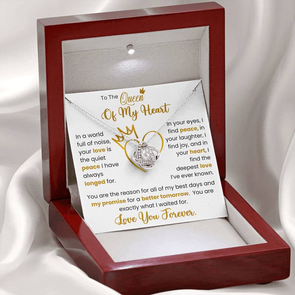 Love Knot Necklace in a red box with "To The Queen of My Heart" card showing heartfelt message, perfect gift for wife. 🎁 50% Off + Free Shipping 🎁