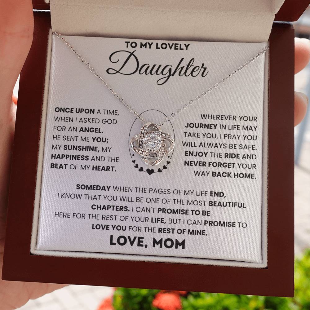 To My Lovely Daughter Love Knot Necklace with heartfelt message from Mom in a gift box