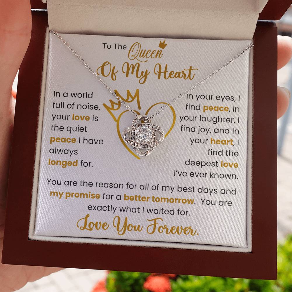 "To The Queen of My Heart - Love Knot Necklace with cubic zirconia crystals in a gift box, perfect for expressing unbreakable bond and love"