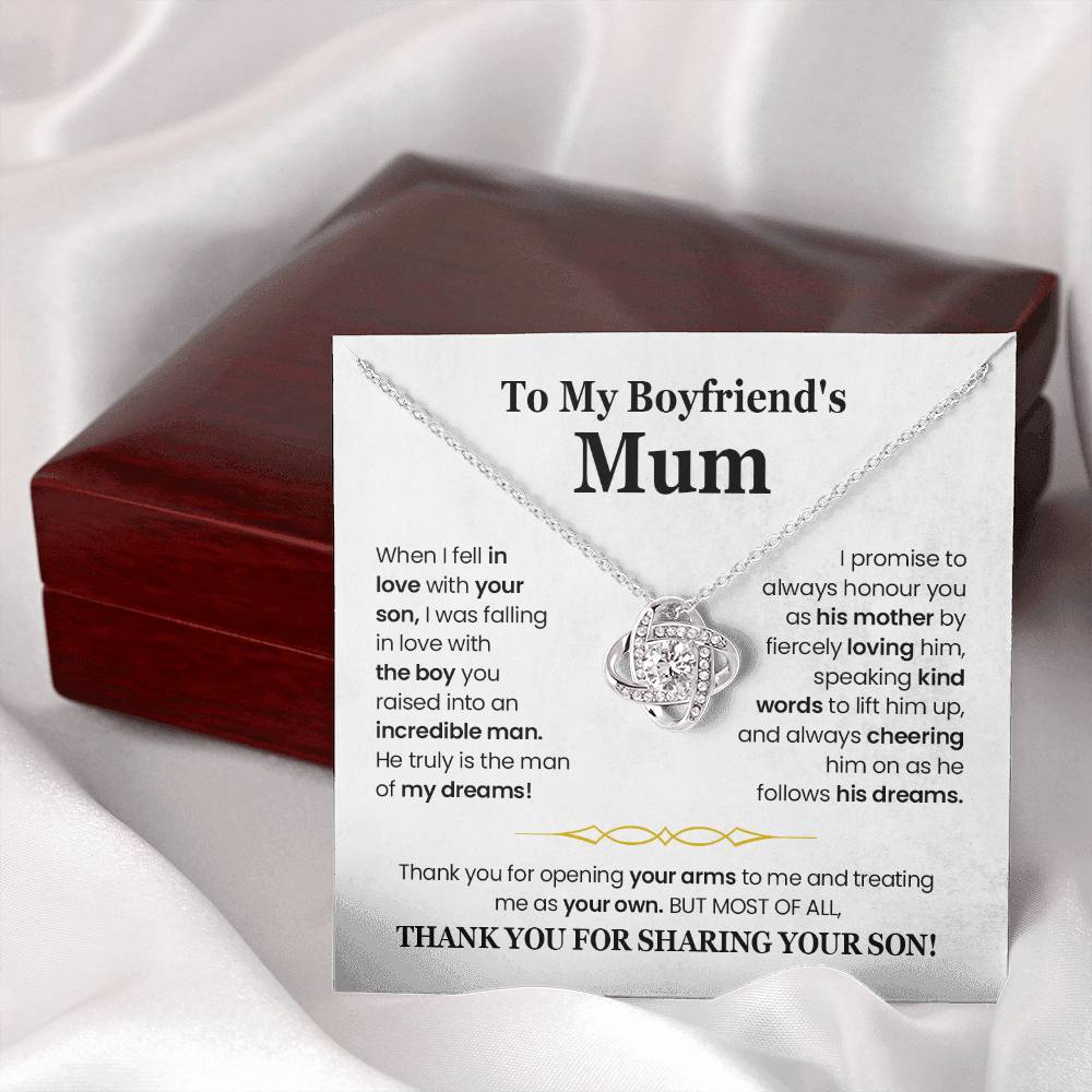 To My Boyfriend's Mum Love Knot Necklace displayed with heartfelt message card in a wooden box, perfect gift for Mother's Day.