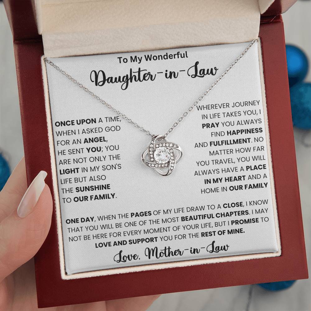 Love Knot Necklace gift for daughter-in-law with heartfelt message from mother-in-law in elegant red box.