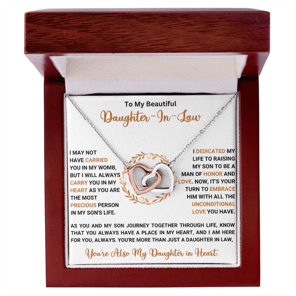 Interlocking Hearts Necklace in Gift Box with Message "To My Beautiful Daughter-In-Law" and Cubic Zirconia Crystals