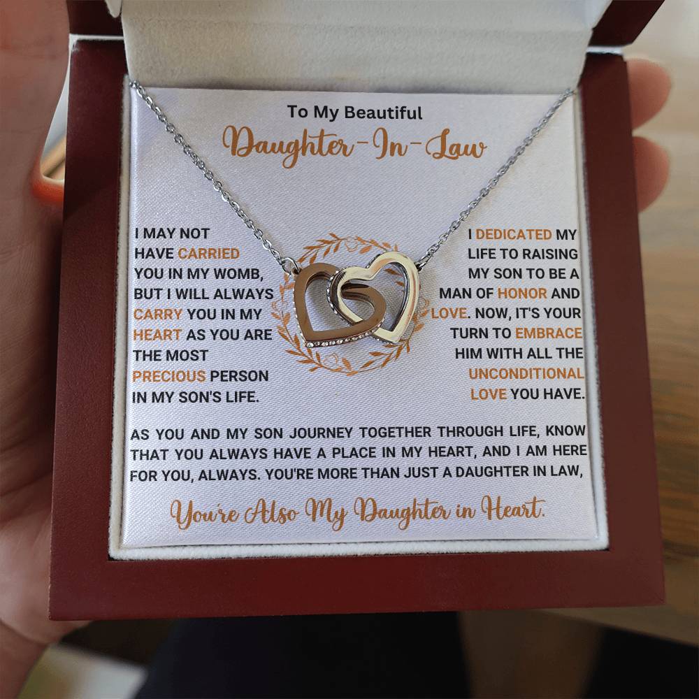 Interlocking Hearts necklace in gift box with heartfelt message for daughter-in-law, featuring cubic zirconia crystals, 50% off with free shipping