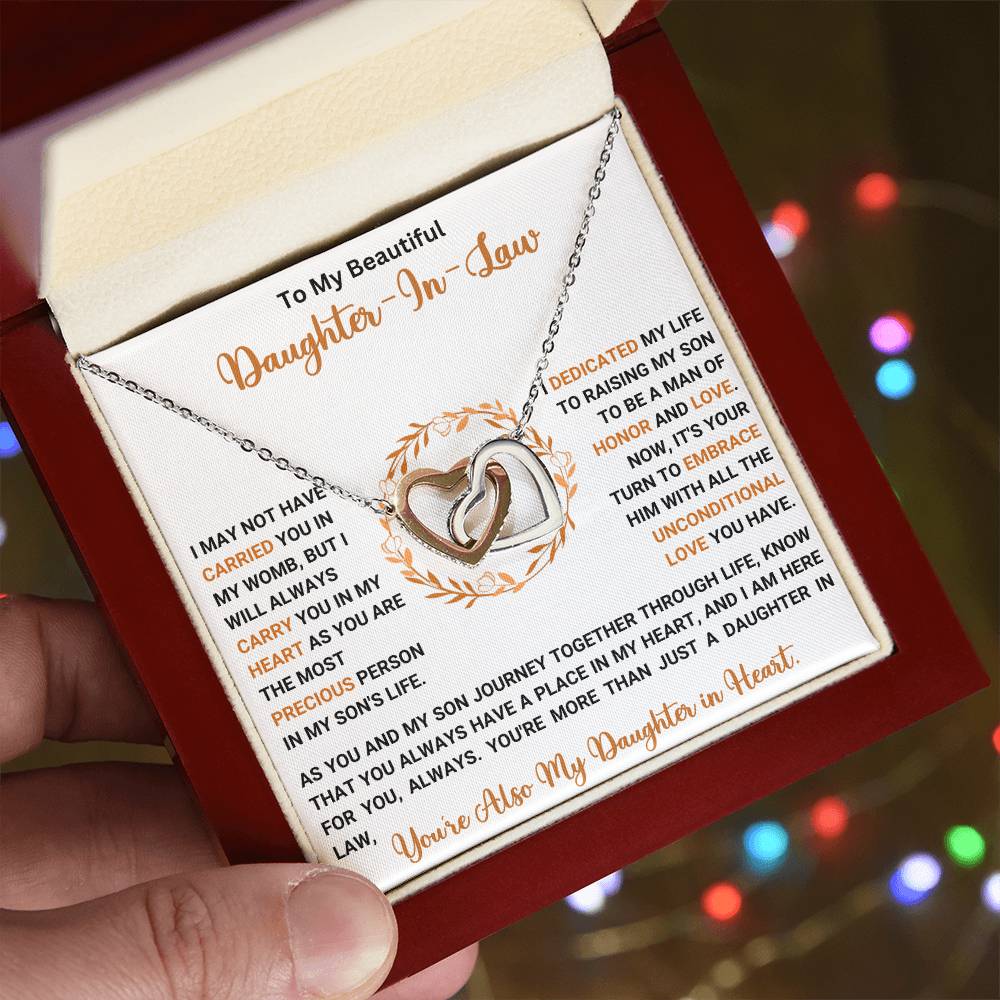 Interlocking Hearts Necklace for Daughter-in-Law with sentimental message card in gift box.