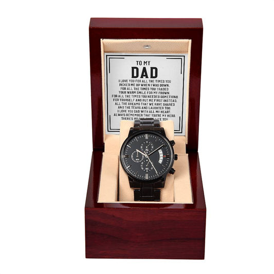 Black chronograph watch in wooden box with message to dad, ideal for Father's Day, anniversaries, or as a groomsmen gift.