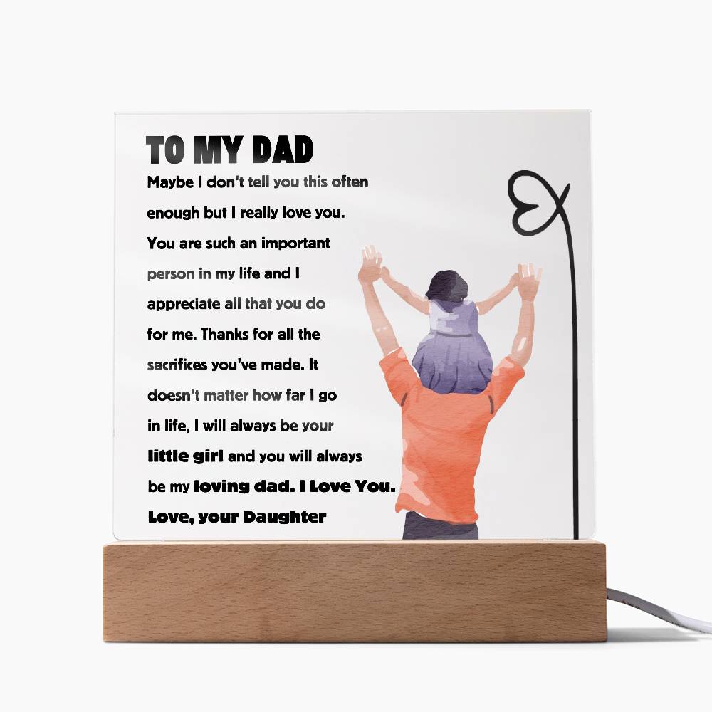 Square acrylic plaque with heartfelt message from daughter to dad, featuring a silhouette of a man carrying a child on his shoulders.