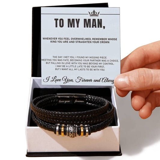 Love You Forever Bracelet for Men with message card "Remember whose king you are" - perfect sentimental gift for your partner.