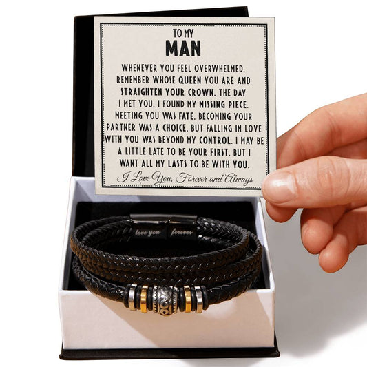 "To My Man - Straighten Your Crown - Love You Forever Bracelet Black Leather Gift Box with Sentimental Message"