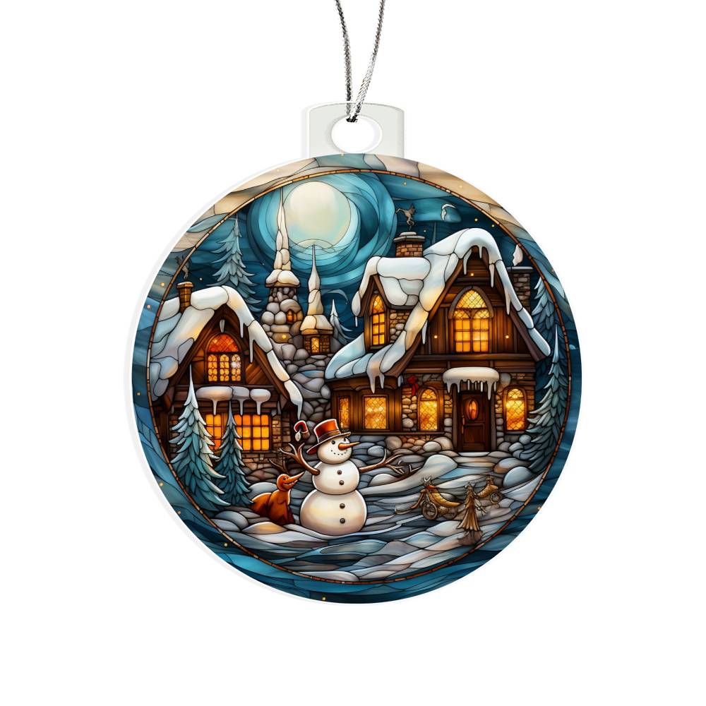 Snowy Cottage Christmas Ornament featuring cozy cottages and a cheerful snowman under a moonlit winter sky, 50% off with free shipping.