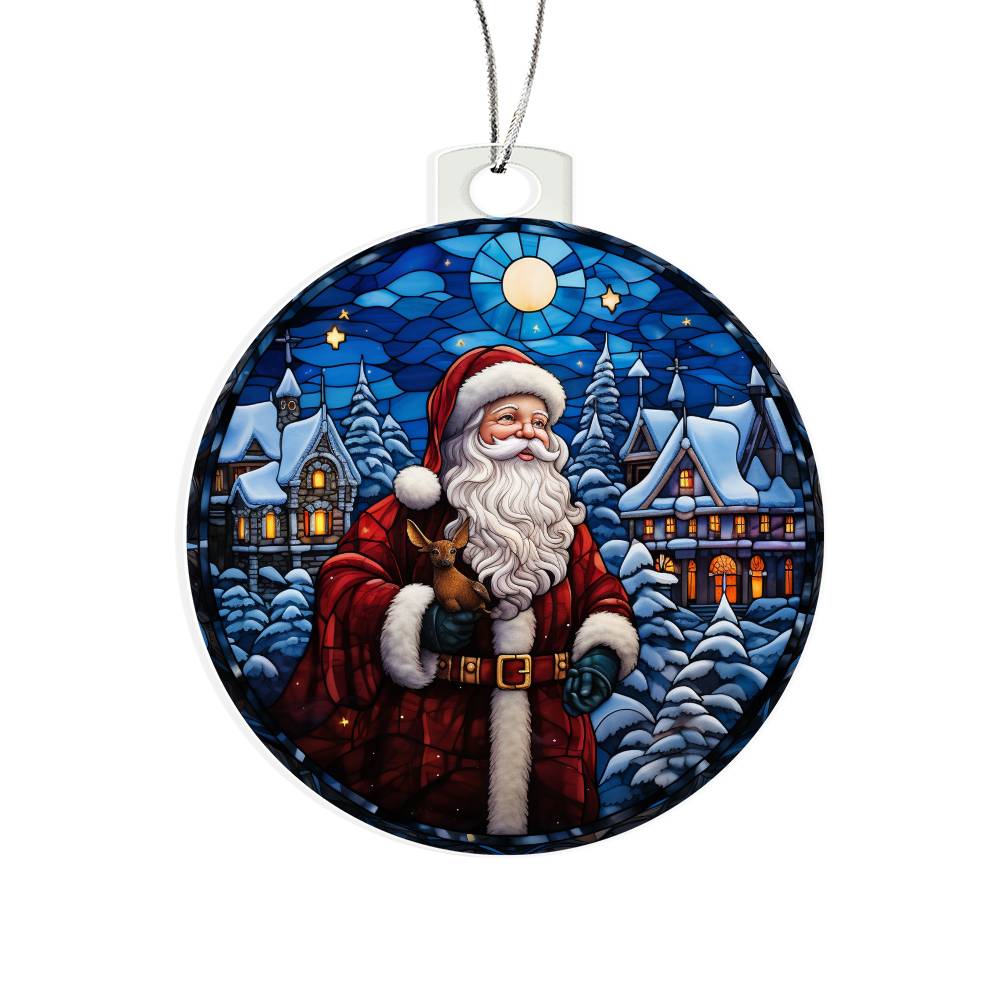 Christmas acrylic ornament featuring Santa with reindeer under a moonlit sky, surrounded by snowy trees and cottages.