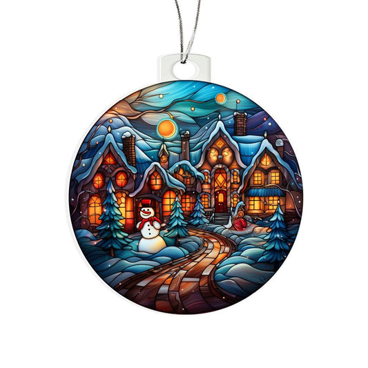 Christmas acrylic ornament featuring a snowy night scene with a snowman, glowing winter village, and snow-covered pathway.