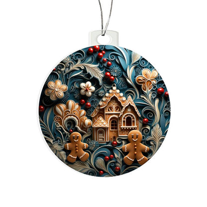 Christmas acrylic ornament featuring gingerbread house and figures with festive florals and berries, perfect holiday decor.