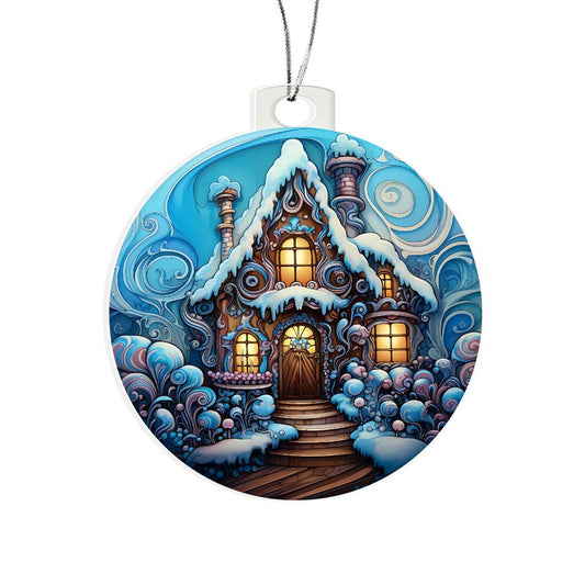 Christmas acrylic ornament featuring a snow-covered cottage with whimsical designs, perfect for holiday decor and personalization.