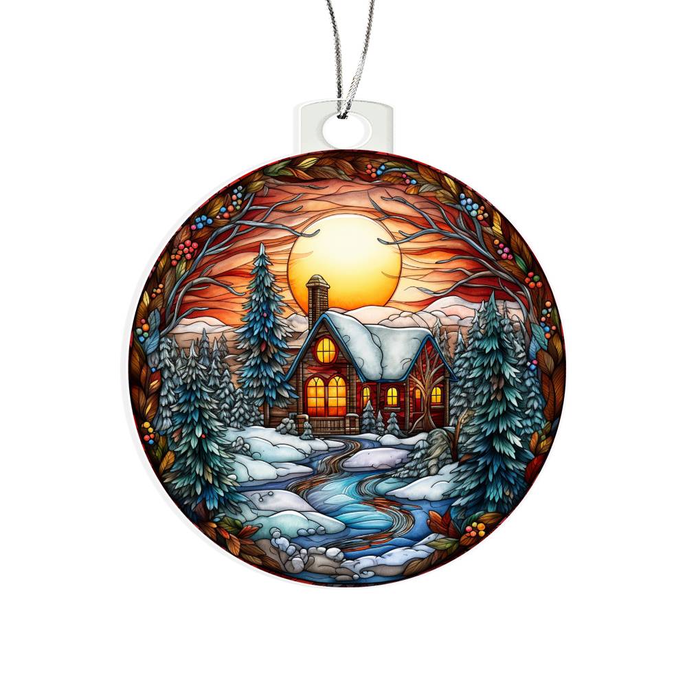 Christmas acrylic ornament with a cozy cabin, snow-covered trees, and a sunset sky. Rustic winter decor, 50% off with free shipping.