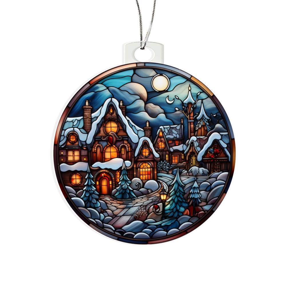 "Christmas Acrylic Ornament with Moonlit Village Scene and Cozy Cottages"