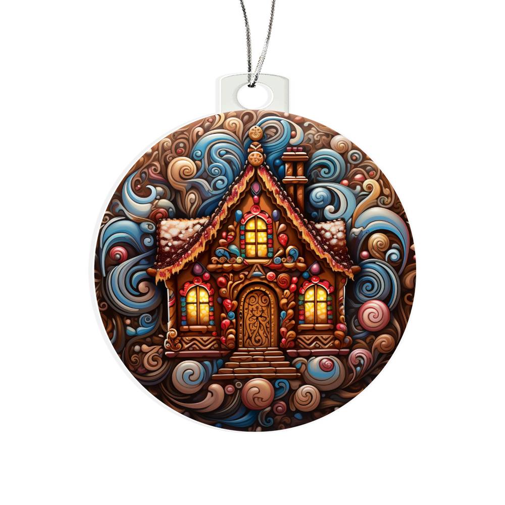 Christmas acrylic ornament featuring a gingerbread house with swirling candy patterns, perfect for festive holiday decor.