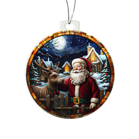 Christmas acrylic ornament with Santa and reindeer under a moonlit snowy sky, perfect holiday decor.