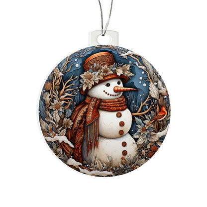 Festive snowman acrylic ornament with floral accents and cardinal, perfect for rustic Christmas decor.