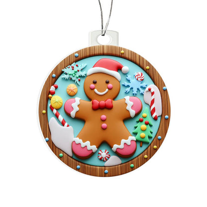 Cheerful acrylic ornament featuring a gingerbread man, candy canes, snowflakes, and festive decorations for a colorful Christmas.