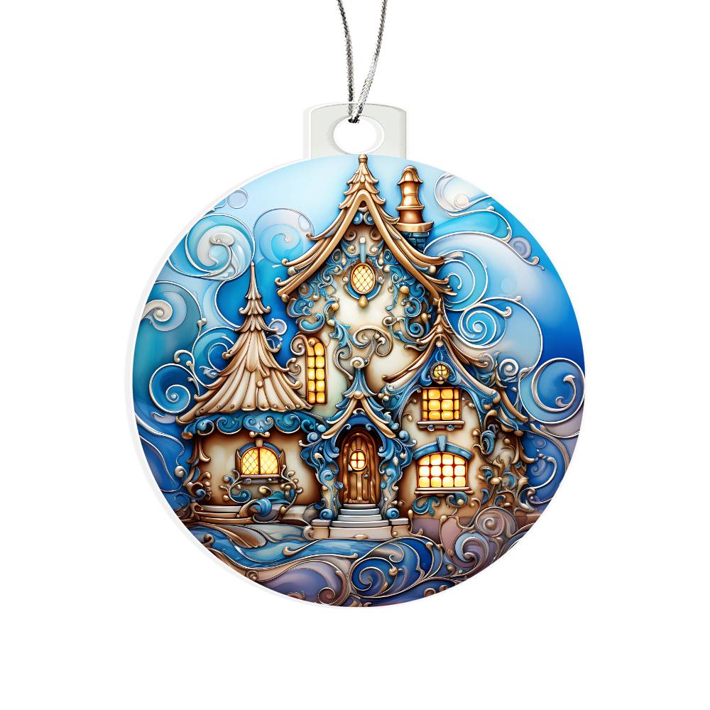 Christmas acrylic ornament featuring a magical frosted cottage with golden lights, swirling designs, and enchanting details.