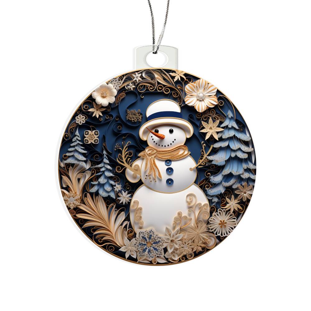 Elegant acrylic snowman ornament with intricate floral and snowflake patterns in festive colors, perfect for holiday decor.