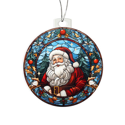 Christmas acrylic ornament featuring Santa portrait with holly and stained-glass effect, perfect for festive decor.