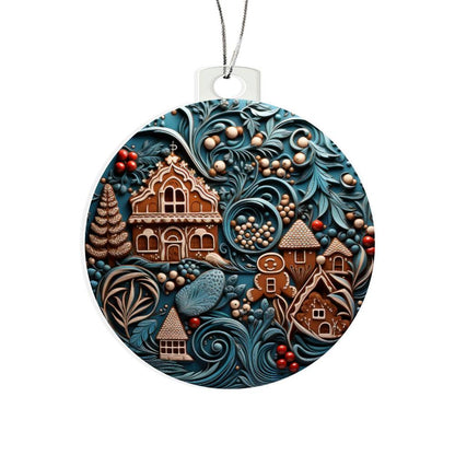 Whimsical gingerbread village Christmas acrylic ornament with festive foliage and intricate details.