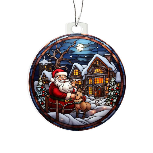 Christmas acrylic ornament with Santa and reindeer in a snowy village scene, featuring glowing lights and a moonlit sky.