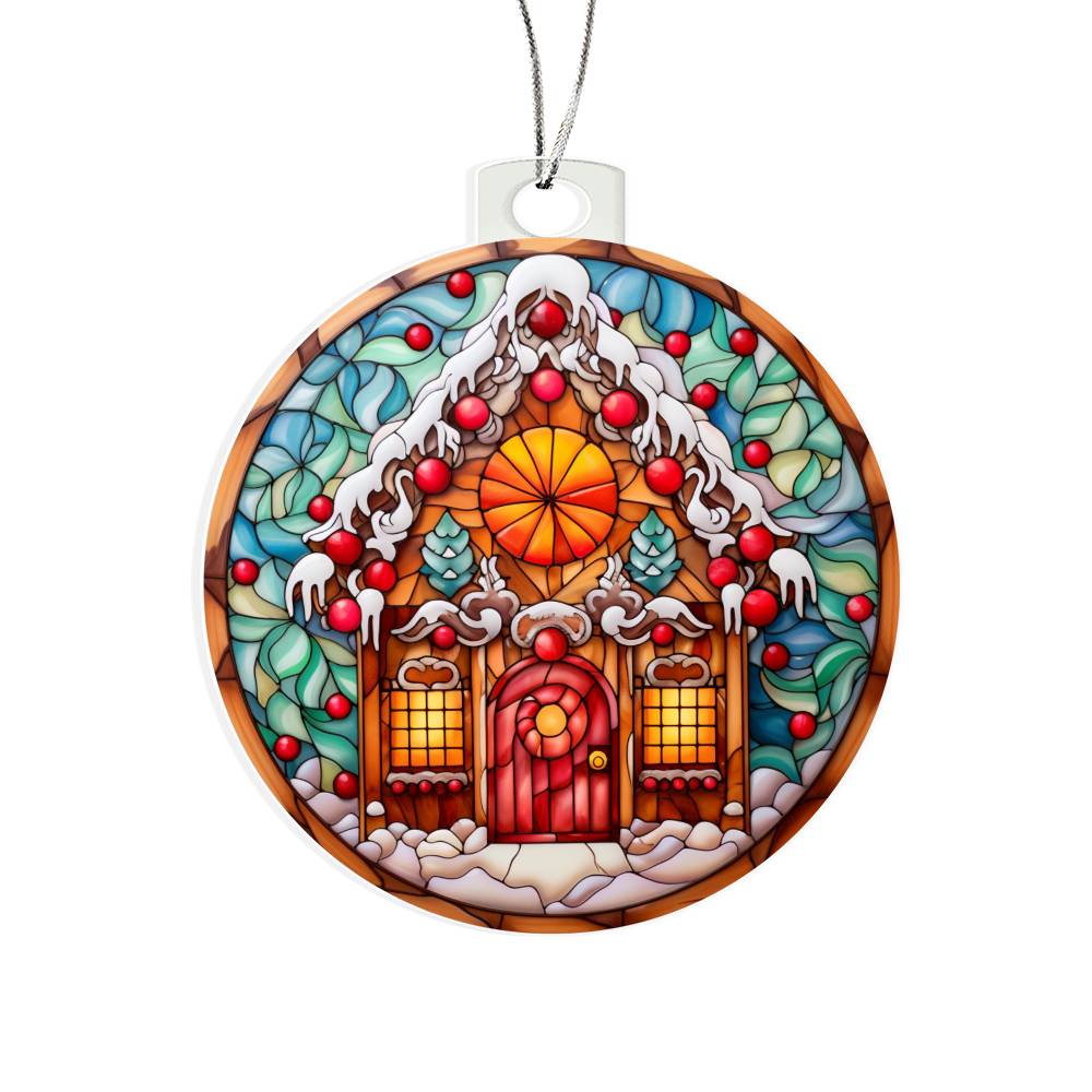 Christmas acrylic ornament with gingerbread-style house and stained-glass effect, perfect for holiday decor.