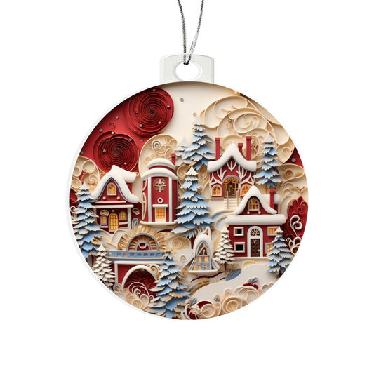 Christmas acrylic ornament with snowy holiday town scene, festive cottages, and swirling designs. Perfect whimsical decor piece.