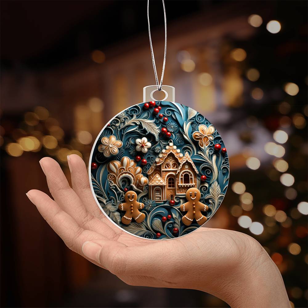 Christmas acrylic ornament with gingerbread house and florals, held in hand against a festive holiday backdrop.