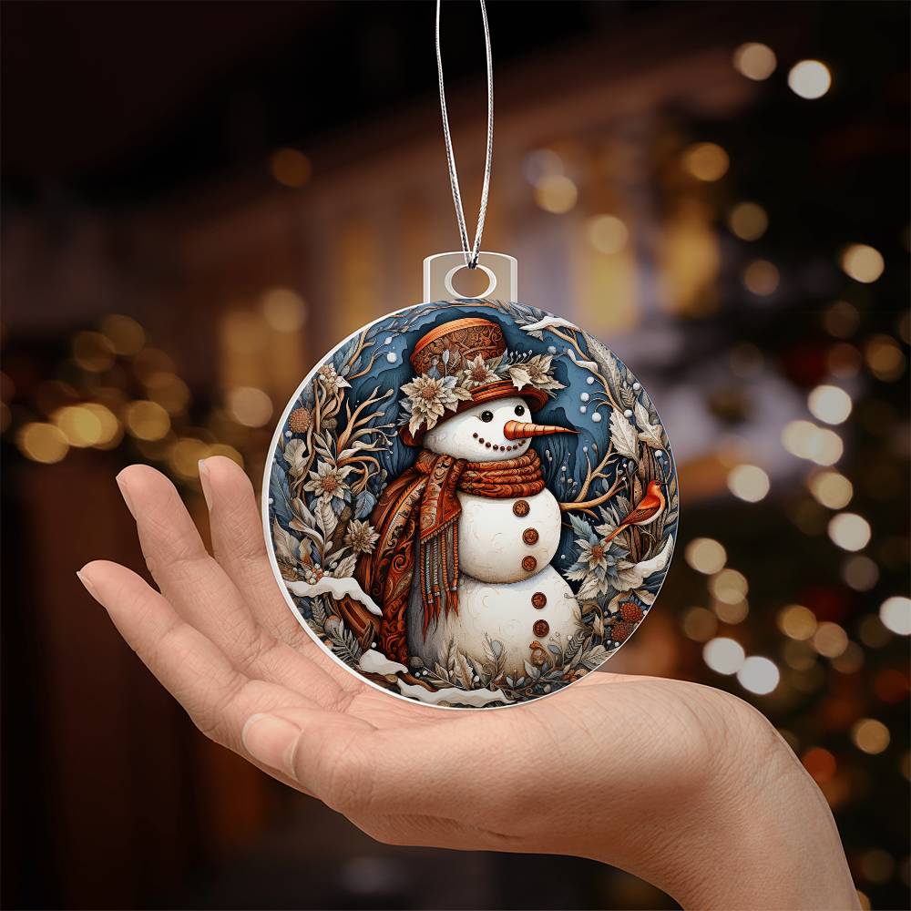 Festive snowman acrylic ornament with winter florals and cardinal, held in hand, perfect for rustic Christmas decor.