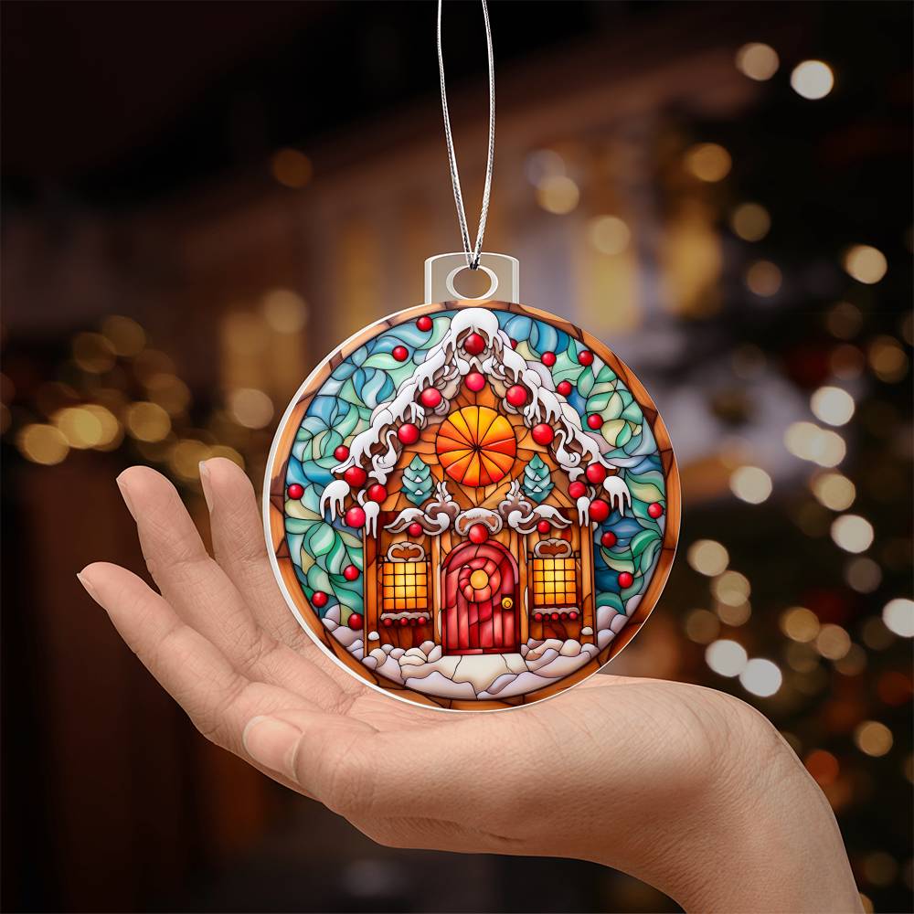 Hand holding a festive acrylic ornament featuring a stained-glass effect gingerbread house, perfect for Christmas decor.