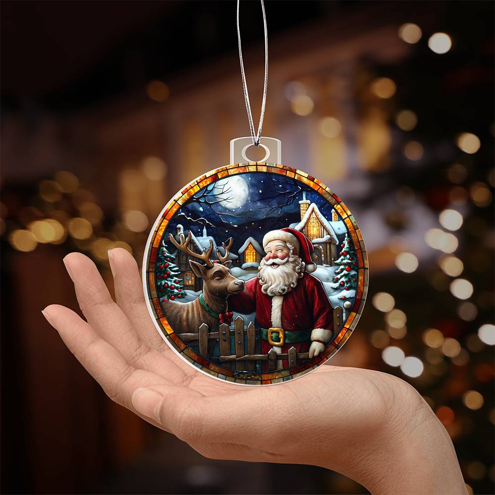 "Christmas acrylic ornament featuring Santa and reindeer under moonlit sky, perfect holiday decor or personalized keepsake"