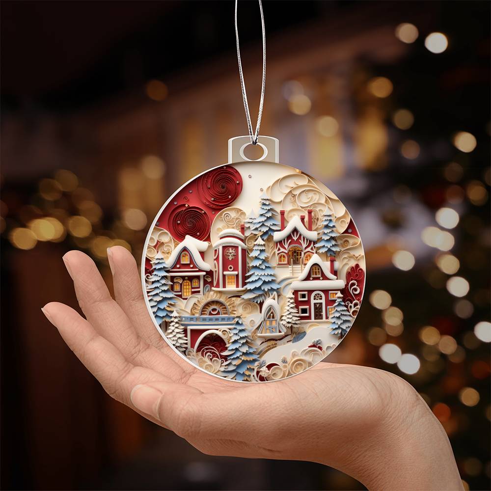 Christmas acrylic ornament with festive village scene and snowy pines held in a hand, perfect for holiday decor.