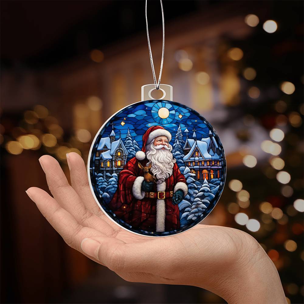 Hand holding Christmas acrylic ornament with Santa under moonlit sky and snow-covered cottages, perfect holiday decoration.