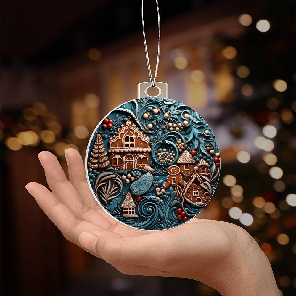 Hand holding a whimsical gingerbread village acrylic Christmas ornament with festive foliage details.