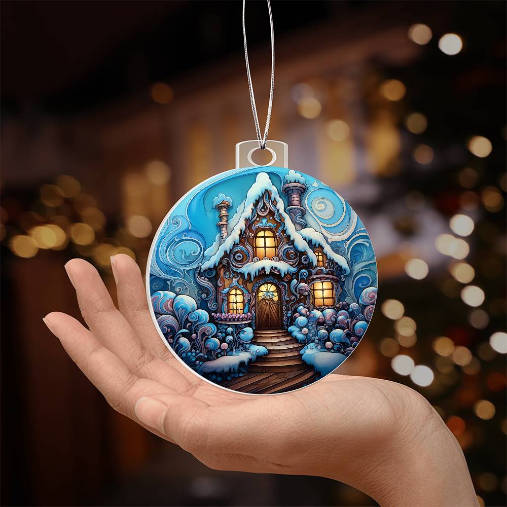 Hand holding Christmas ornament featuring a snow-covered cottage with whimsical designs, perfect for holiday decor.