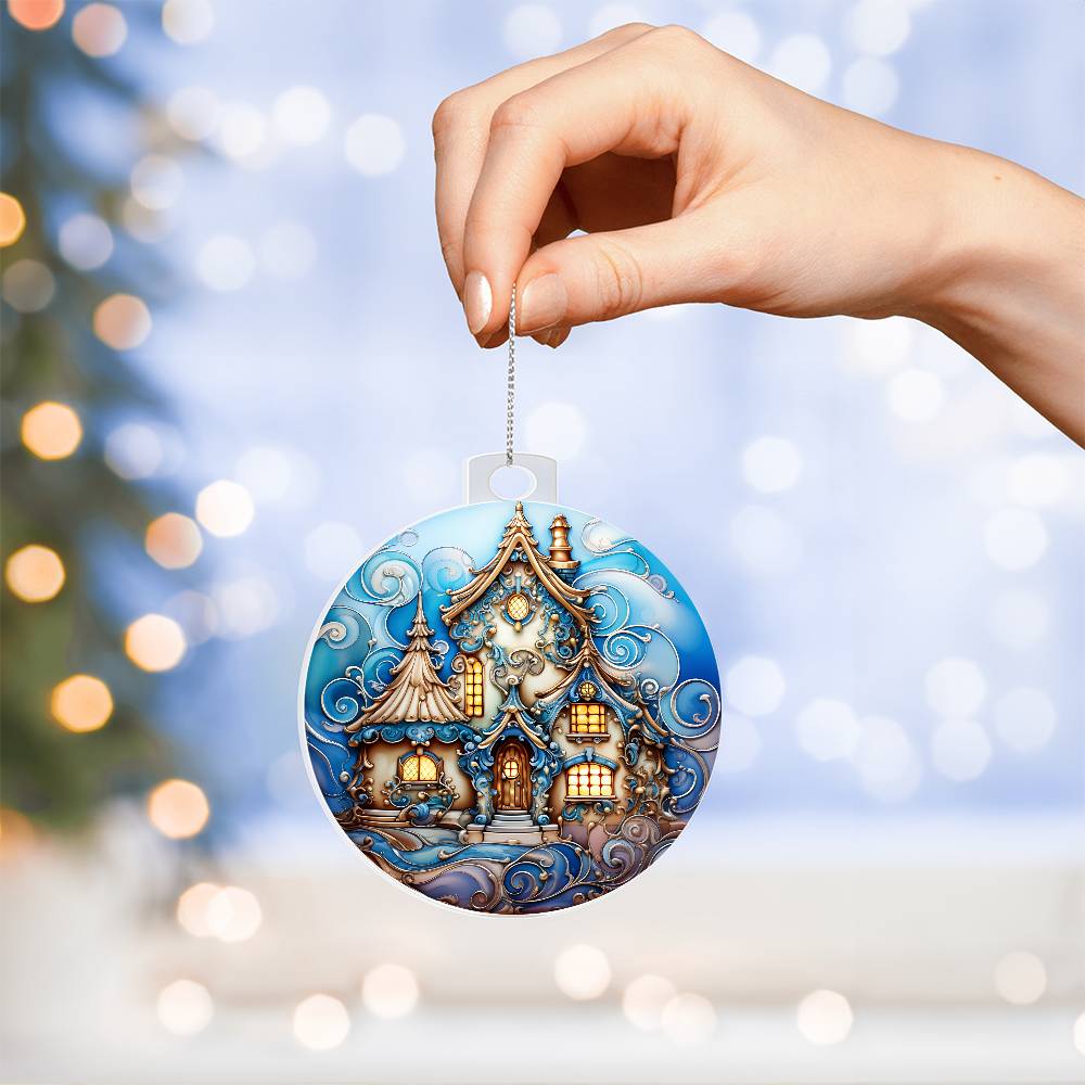 Hand holding an enchanted snowy manor Christmas acrylic ornament with frosted cottage design and golden lights.