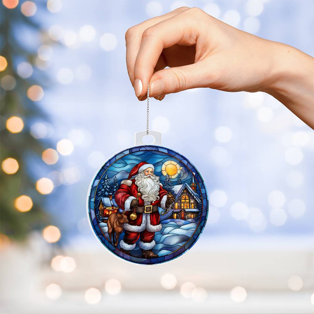 Christmas acrylic ornament with Santa, cozy cabin, and snow-covered trees, perfect for holiday decor.