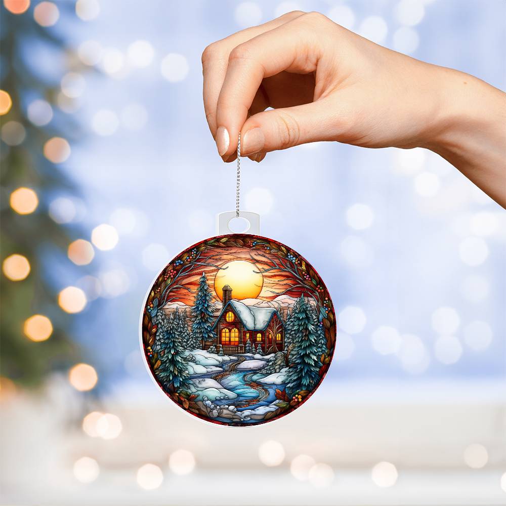 Hand holding Christmas acrylic ornament with cozy cabin, snow-covered trees, and sunset sky. Perfect winter decor, 50% off with free shipping.