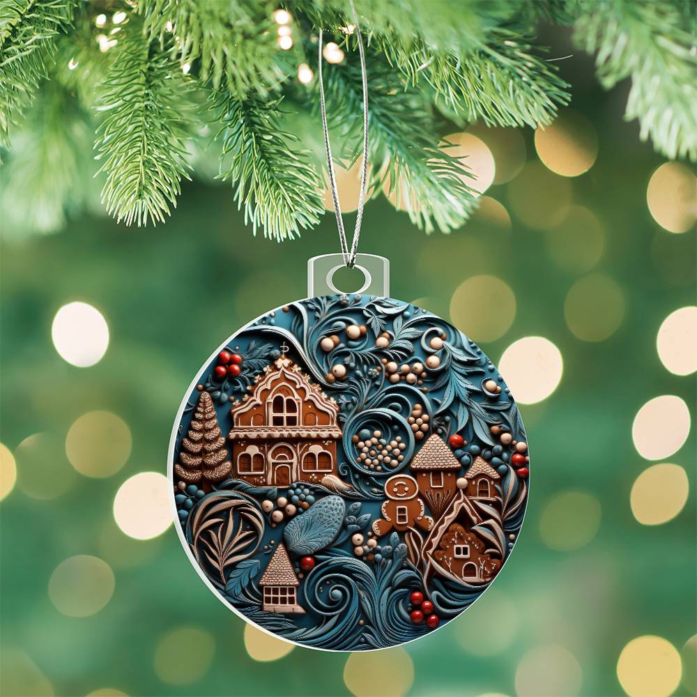 Whimsical gingerbread village Christmas acrylic ornament with festive details hanging on tree