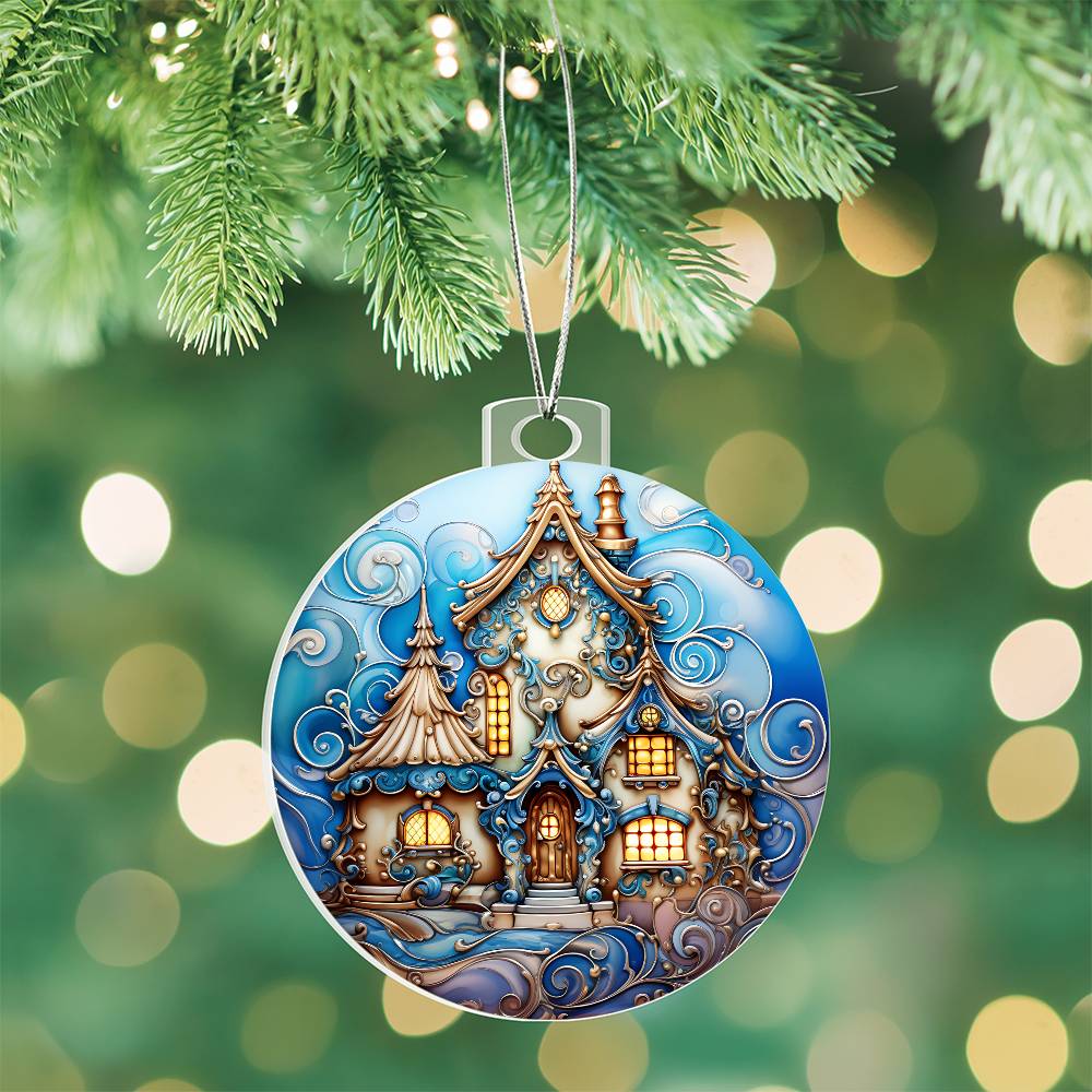 Christmas acrylic ornament featuring an enchanted snowy manor with golden lights hanging on a holiday tree branch