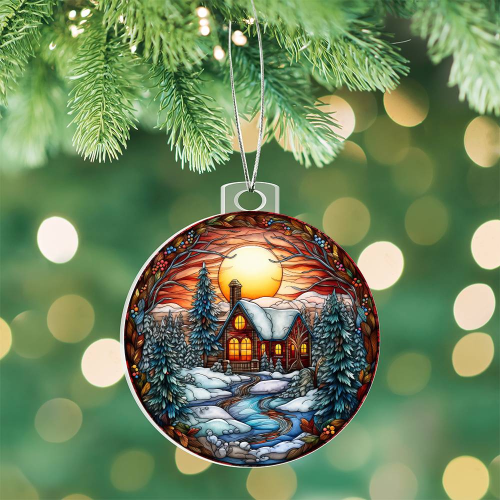 Christmas acrylic ornament featuring a cozy cabin, snow-covered trees, and sunset sky, hanging on a holiday tree.