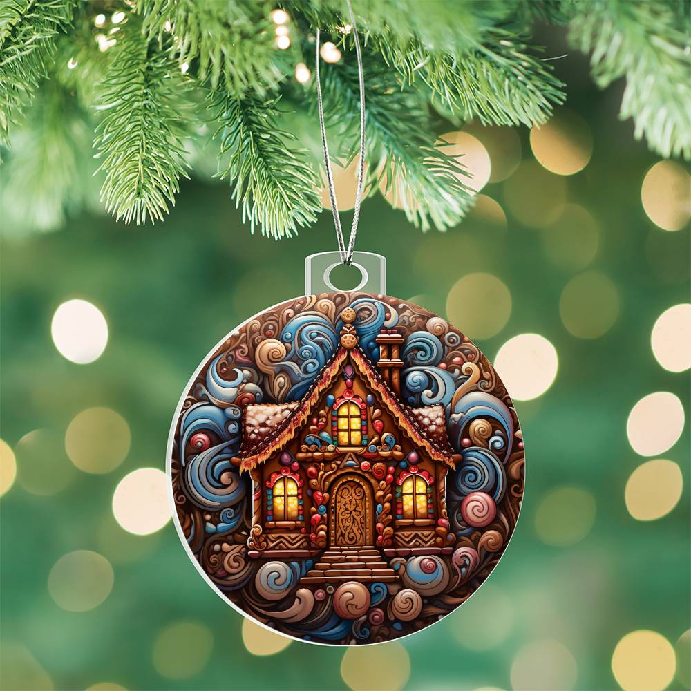 Christmas gingerbread house acrylic ornament with candy swirls hanging on tree, perfect for festive holiday decor.