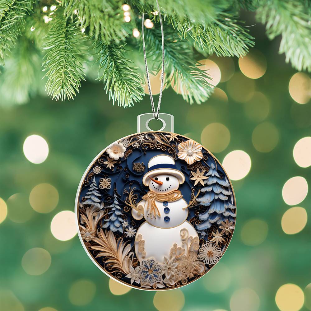 Elegant snowman acrylic ornament with floral and snowflake patterns hanging on Christmas tree, perfect for festive decor.