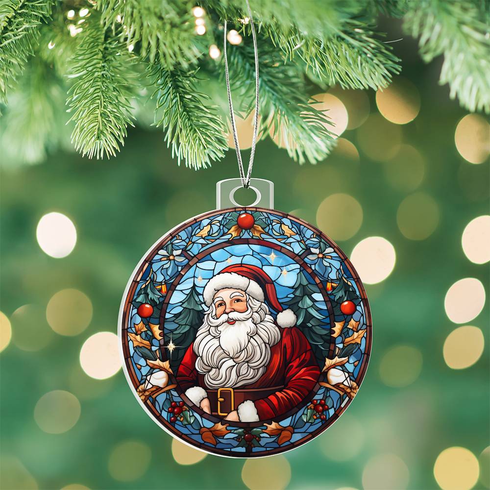 Christmas acrylic ornament with Santa portrait and holly, featuring stained-glass effect, hanging on a tree with festive lights.