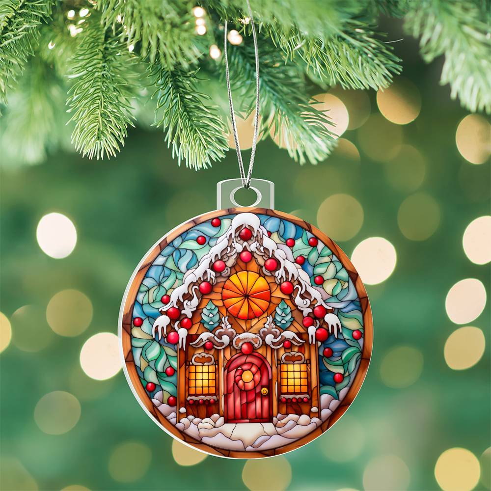 Acrylic ornament of a gingerbread-style house with stained-glass effect, hanging on a Christmas tree, offering holiday cheer.