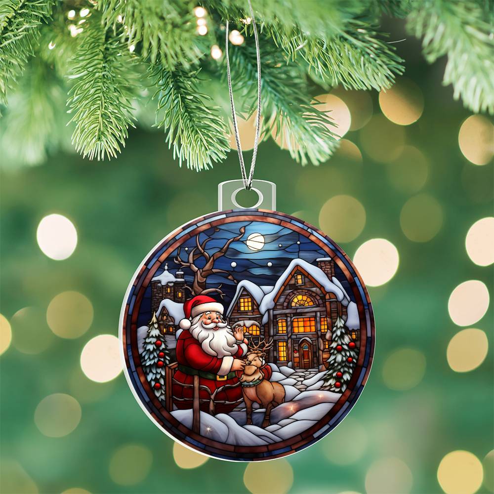 Christmas acrylic ornament with Santa and reindeer in a snowy village, hanging on a tree, glowing lights in the background.